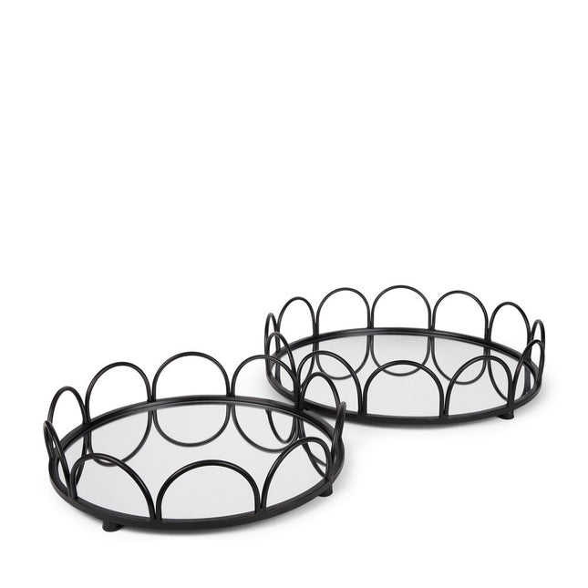 Set of Two Black And Silver Metal And Mirrored Glass Round Vanity Trays