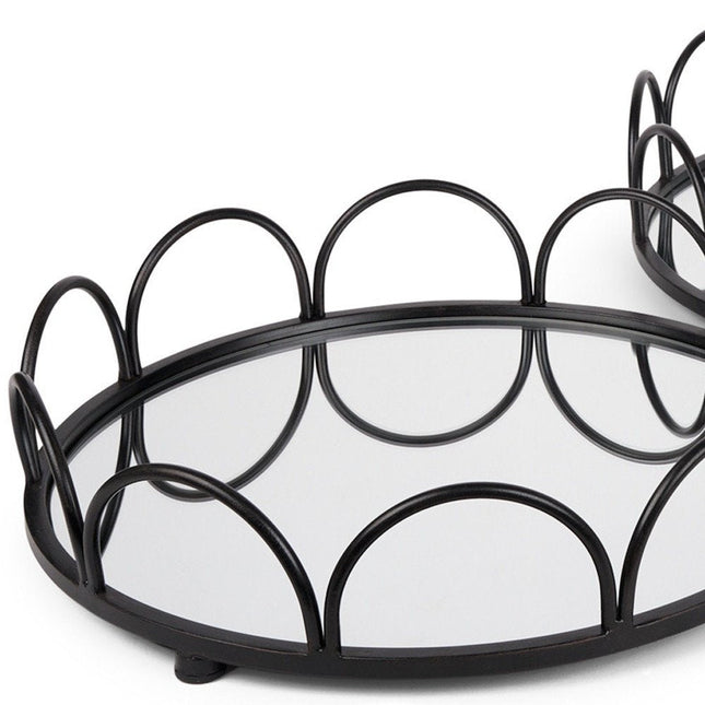 Set of Two Black And Silver Metal And Mirrored Glass Round Vanity Trays HomeRoots