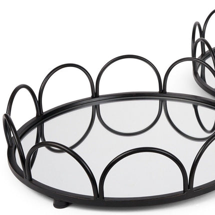 Set of Two Black And Silver Metal And Mirrored Glass Round Vanity Trays HomeRoots