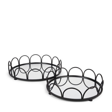 Set of Two Black And Silver Metal And Mirrored Glass Round Vanity Trays HomeRoots