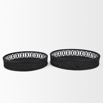 Set of Two Black Round Wicker Handmade Serving Trays HomeRoots