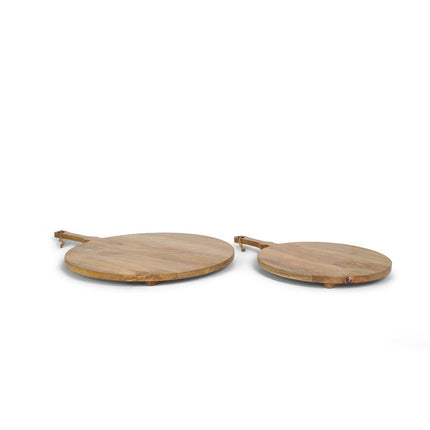 Set of Two Natural Solid Wood Handmade Round Serve Boards With Handles HomeRoots