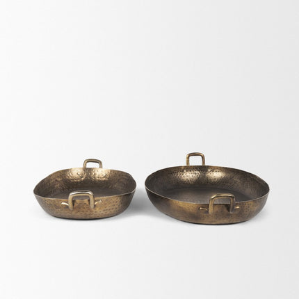 Set of Two Gold Oval Metal Handmade Serving Tray With Handles HomeRoots
