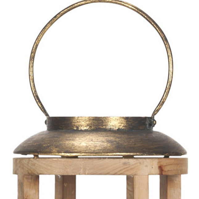 35" Natural And Brass Distressed Geometric Solid Wood And Metal Tabletop Lantern Candle Holder HomeRoots
