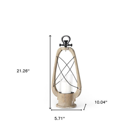 21" Brown And Black Distressed Abstract Solid Wood Metal And Glass Tabletop Lantern Candle Holder