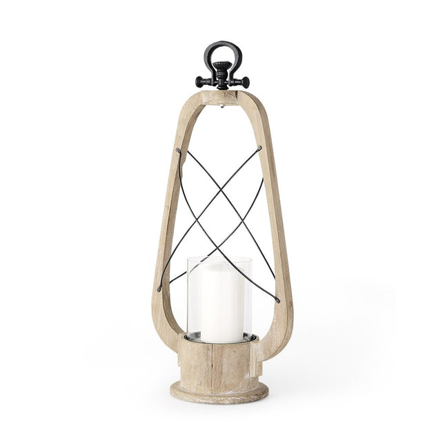 25" Brown Distressed Abstract Solid Wood And Metal Tabletop Lantern Candle Holder
