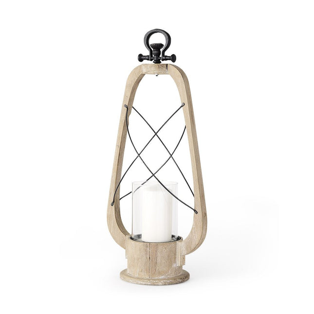 25" Brown Distressed Abstract Solid Wood And Metal Tabletop Lantern Candle Holder HomeRoots