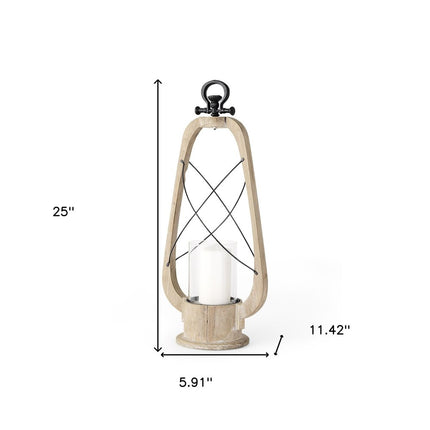 25" Brown Distressed Abstract Solid Wood And Metal Tabletop Lantern Candle Holder
