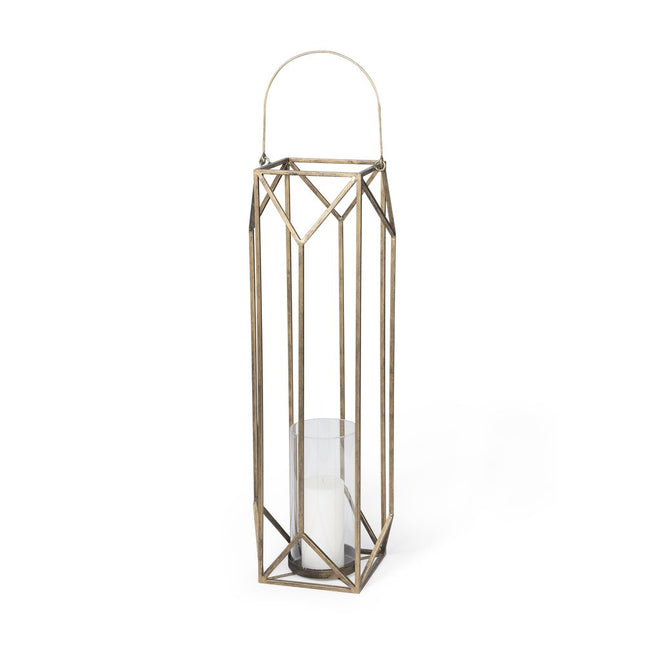 36" Gold Distressed Geometric Metal Tabletop Lantern Candle Holder HomeRoots