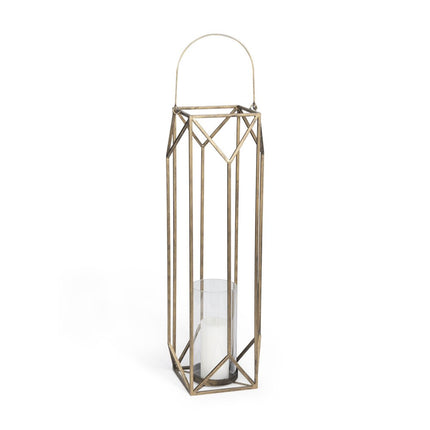 36" Gold Distressed Geometric Metal Tabletop Lantern Candle Holder HomeRoots