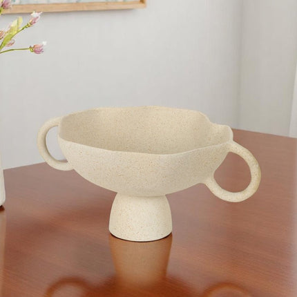 11" Beige Cast Aluminum Round Pedestal Centerpiece Bowl With Handles