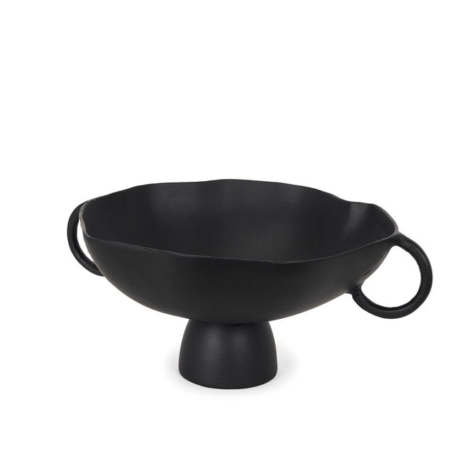 16" Black Metal Wavy Edge Round Pedestal Centerpiece Bowl With Handles HomeRoots