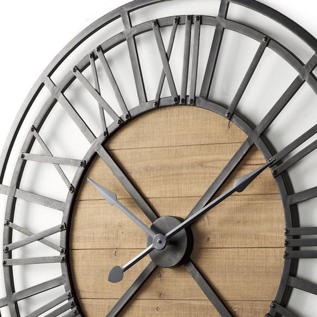 42" Black And Natural Iron And Wood Analog Round Wall Clock HomeRoots