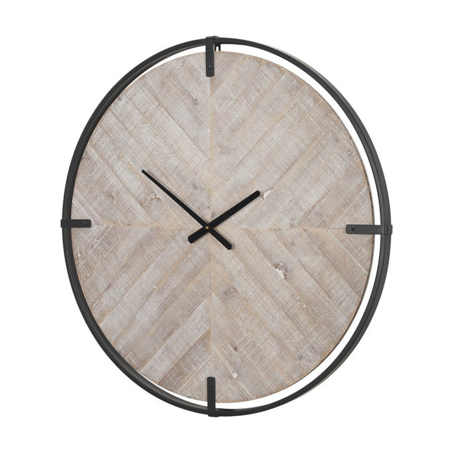 33" Black And Natural Metal And Solid Wood Analog Distressed Round Wall Clock HomeRoots
