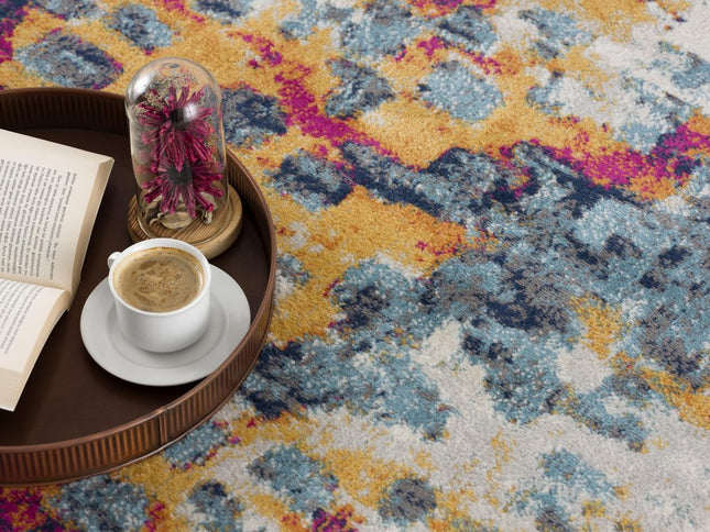 9' Yellow And Blue Abstract Runner Rug HomeRoots