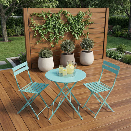 Three Piece Teal Blue Round Metal Dining Set with Two Chairs HomeRoots