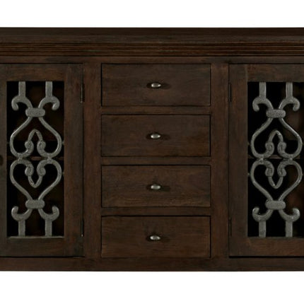 84" Brown Distressed Solid Wood Four Drawer Sideboard With Four Glass Doors HomeRoots