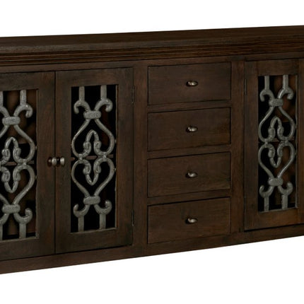 84" Brown Distressed Solid Wood Four Drawer Sideboard With Four Glass Doors HomeRoots