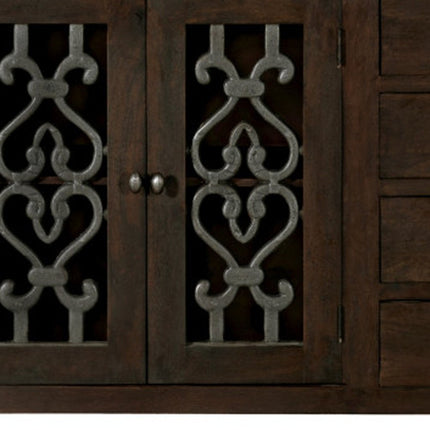 84" Brown Distressed Solid Wood Four Drawer Sideboard With Four Glass Doors HomeRoots