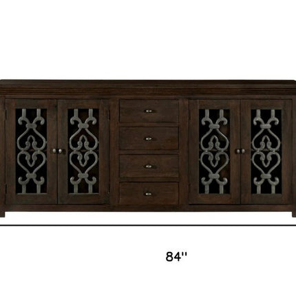 84" Brown Distressed Solid Wood Four Drawer Sideboard With Four Glass Doors HomeRoots