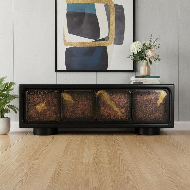 75" Black Distressed Solid Wood Sideboard with Four Doors HomeRoots
