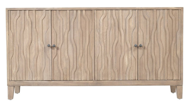 69" Ivory Distressed Reclaimed Wood Carved Geometric Sideboard With Four Doors HomeRoots