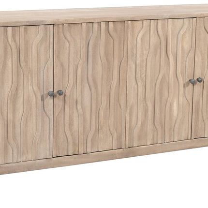 69" Ivory Distressed Reclaimed Wood Carved Geometric Sideboard With Four Doors HomeRoots