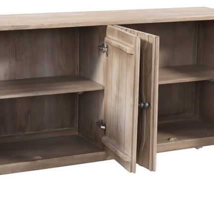 69" Ivory Distressed Reclaimed Wood Carved Geometric Sideboard With Four Doors HomeRoots
