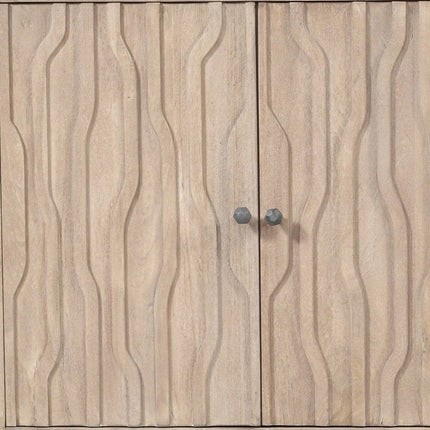 69" Ivory Distressed Reclaimed Wood Carved Geometric Sideboard With Four Doors HomeRoots