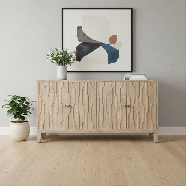 69" Ivory Distressed Reclaimed Wood Carved Geometric Sideboard With Four Doors HomeRoots