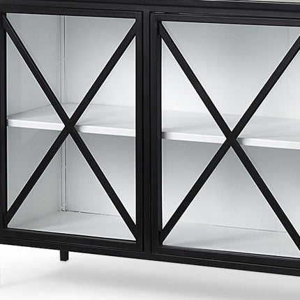 79" Black And White Iron Sideboard Soft Close with Four Glass Doors HomeRoots