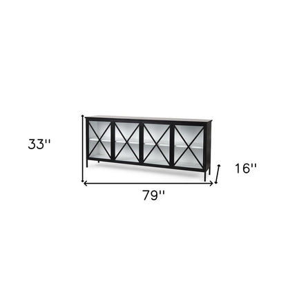 79" Black And White Iron Sideboard Soft Close with Four Glass Doors HomeRoots