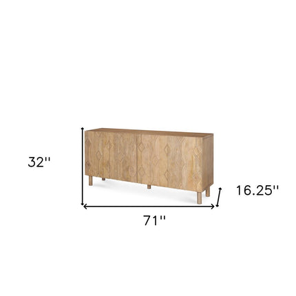 71" Light Brown Solid Wood Carved Geometric Sideboard Soft Close with Four Doors HomeRoots