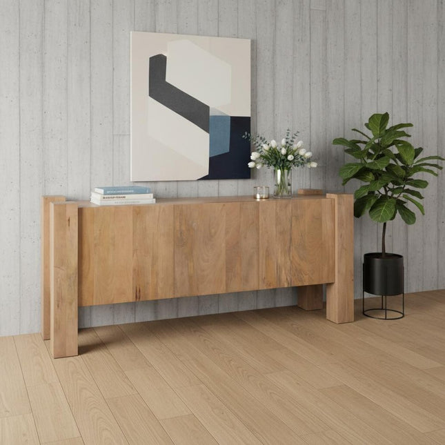 75" Light Brown Solid Wood Sideboard Soft Close with Three Doors HomeRoots