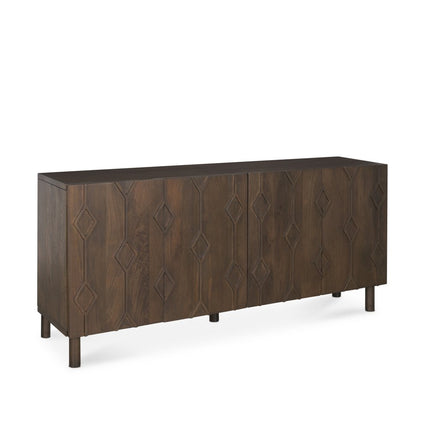 71" Dark Brown Solid Wood Carved Geometric Sideboard Soft Close with Four Doors HomeRoots