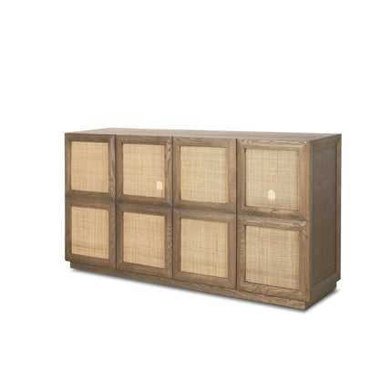 64" Brown And Natural Solid Wood Sideboard Soft Close with Four Doors HomeRoots