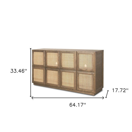 64" Brown And Natural Solid Wood Sideboard Soft Close with Four Doors HomeRoots