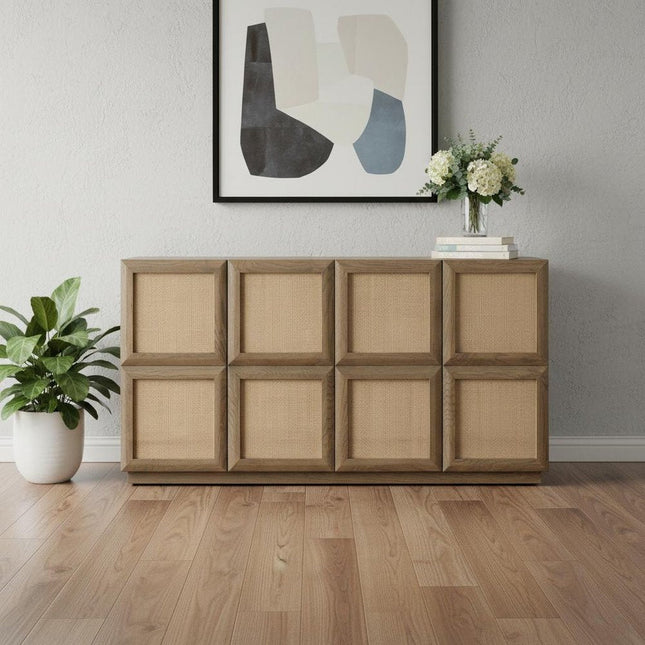 64" Brown And Natural Solid Wood Sideboard Soft Close with Four Doors HomeRoots