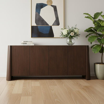 81" Brown Solid Wood Sideboard Soft Close with Four Doors HomeRoots