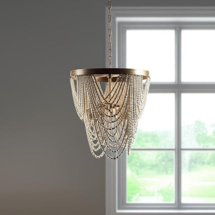 White And Gold Empire Three Light Metal and Beads Dimmable Chandelier HomeRoots