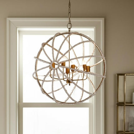White And Gold Empire Six Light Metal and Beads Dimmable Chandelier