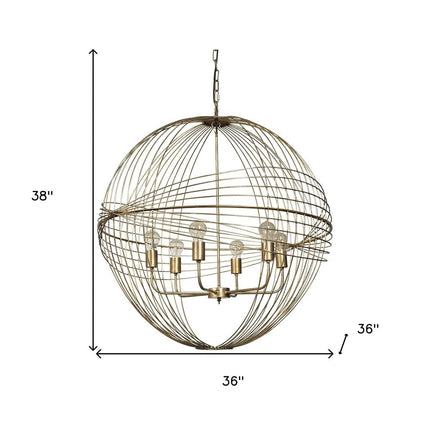 Gold Caged Six Light Metal and Glass Dimmable Chandelier With Gold Shades HomeRoots