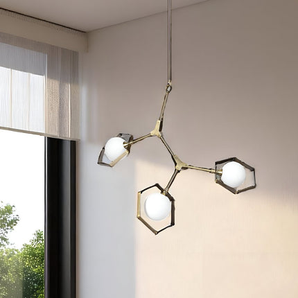 Champagne Unique Statement Three Light Metal and Glass Dimmable Chandelier With White Shades HomeRoots