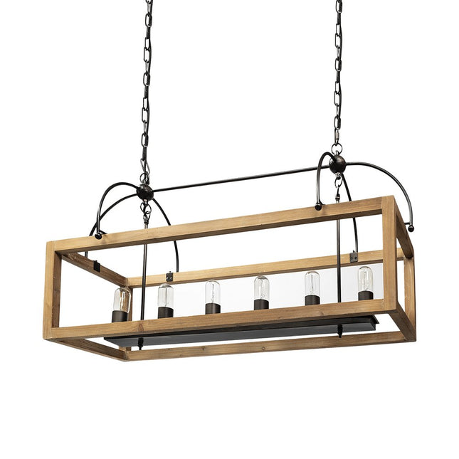 Natural And Black Candle Style Six Light Wood and Metal Dimmable Chandelier HomeRoots