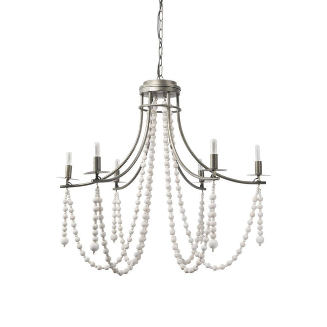 White And Silver Candle Style Six Light Metal and Beads Dimmable Chandelier HomeRoots