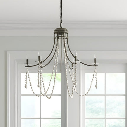 White And Silver Candle Style Six Light Metal and Beads Dimmable Chandelier HomeRoots
