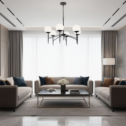 Black Sputnik Six Light Metal and Frosted Glass Dimmable Chandelier HomeRoots