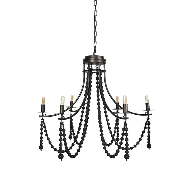 Black Candle Style Six Light Metal and Beads Dimmable Chandelier HomeRoots