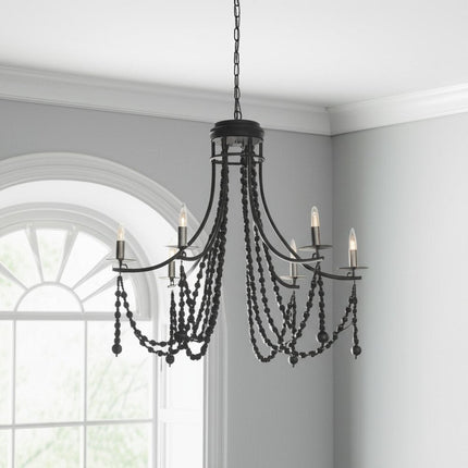Black Candle Style Six Light Metal and Beads Dimmable Chandelier HomeRoots
