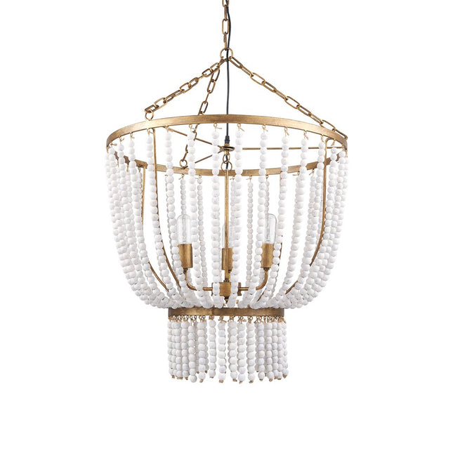 Gold And White Empire Three Light Metal and Beads Dimmable Chandelier HomeRoots